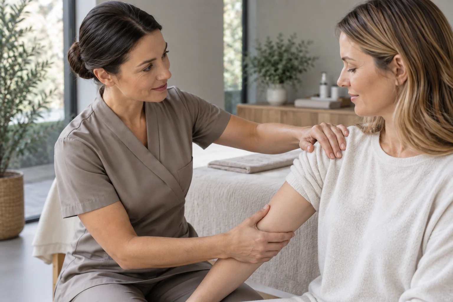 A care professional providing body care to a clothed visitor
