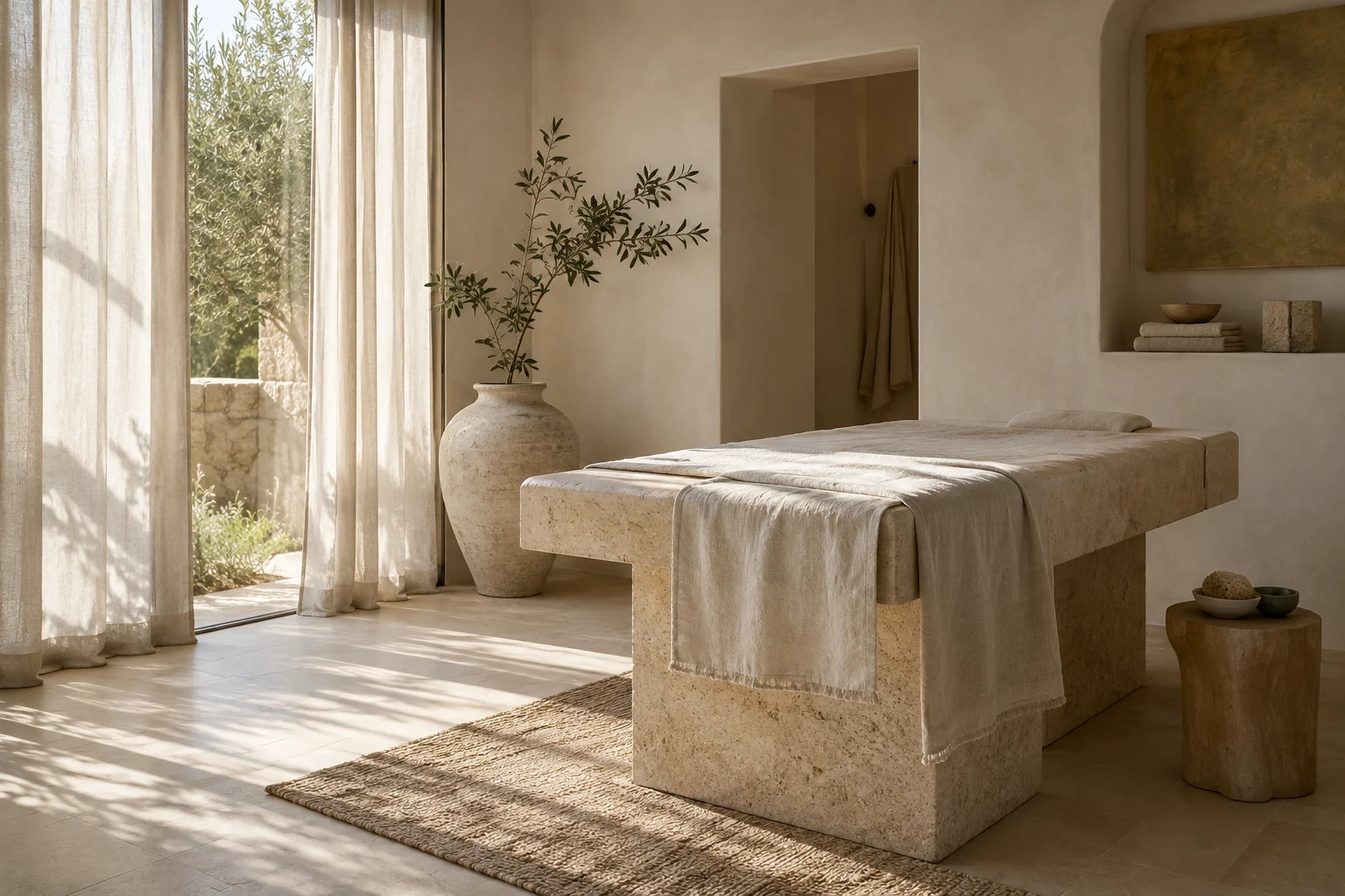 A quiet wellness space in warm natural light